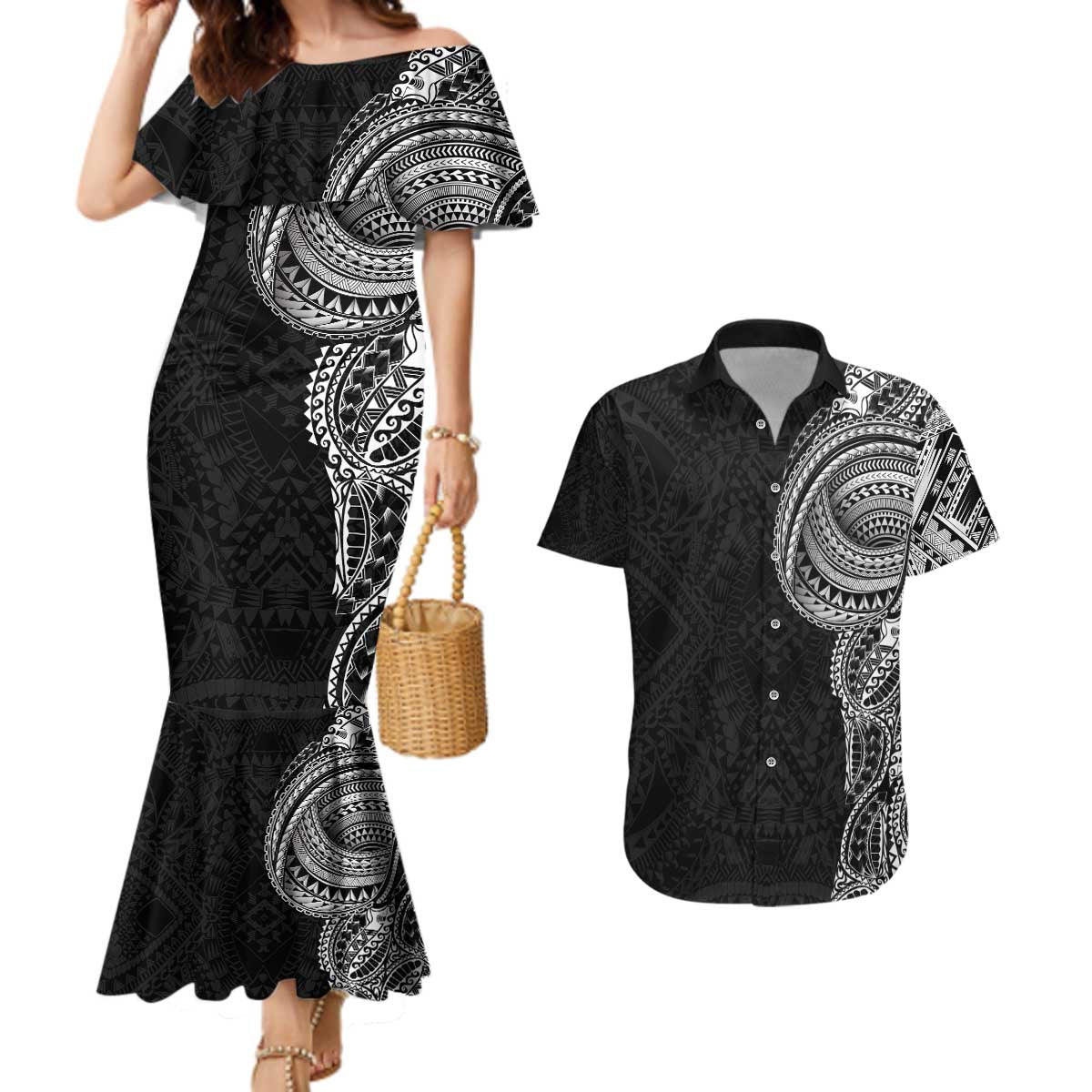 Traditional Polynesian Art Tattoos Couples Matching Mermaid Dress and Hawaiian Shirt Black Color - Polynesian Pride