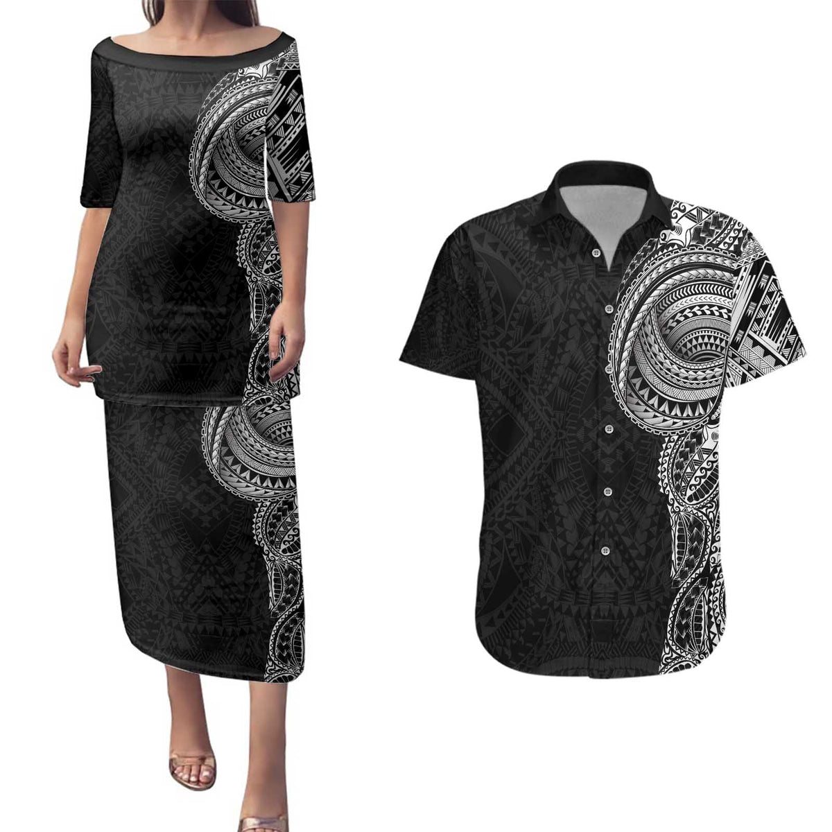 Traditional Polynesian Art Tattoos Couples Matching Puletasi and Hawaiian Shirt Black Color - Polynesian Pride