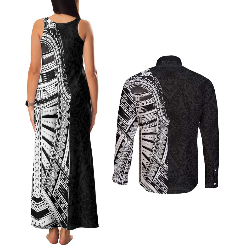 Traditional Polynesian Art Tattoos Couples Matching Tank Maxi Dress and Long Sleeve Button Shirt Black Color - Polynesian Pride