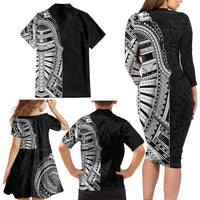 Traditional Polynesian Art Tattoos Family Matching Long Sleeve Bodycon Dress and Hawaiian Shirt Black Color LT03 - Polynesian Pride