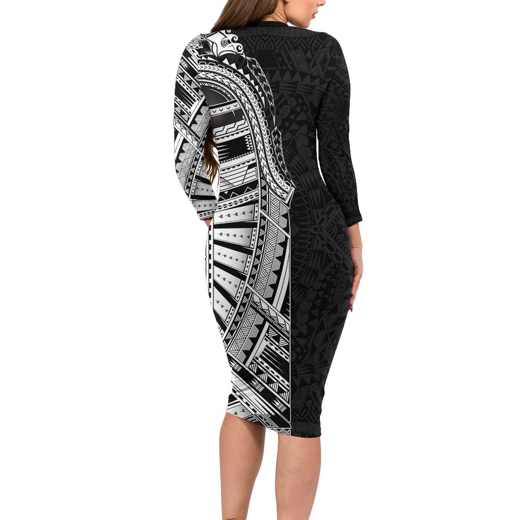Traditional Polynesian Art Tattoos Family Matching Long Sleeve Bodycon Dress and Hawaiian Shirt Black Color LT03 - Polynesian Pride