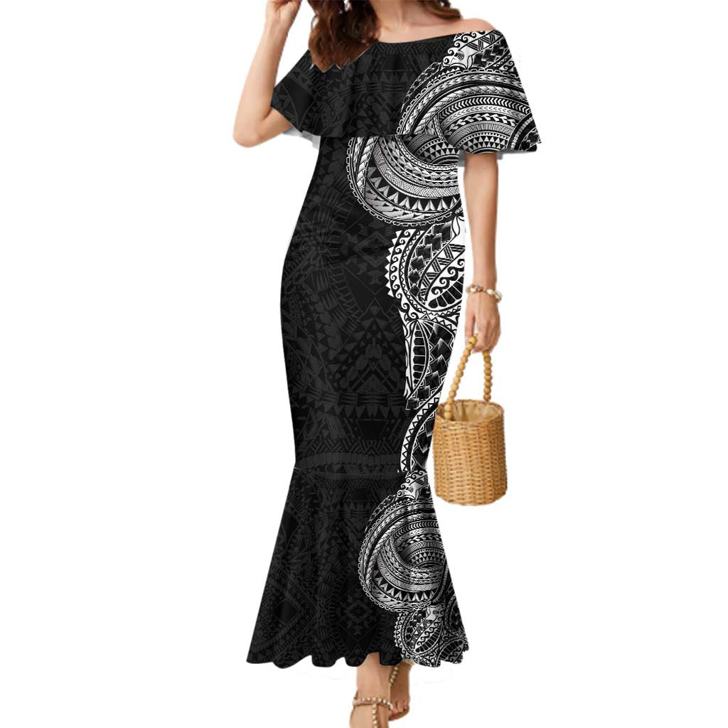 Traditional Polynesian Art Tattoos Family Matching Mermaid Dress and Hawaiian Shirt Black Color LT03 Mom's Dress Black - Polynesian Pride