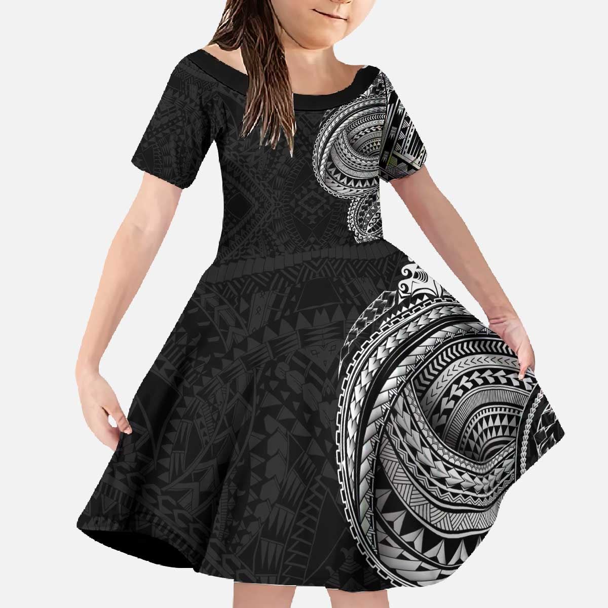 Traditional Polynesian Art Tattoos Family Matching Off The Shoulder Long Sleeve Dress and Hawaiian Shirt Black Color LT03 Daughter's Dress Black - Polynesian Pride