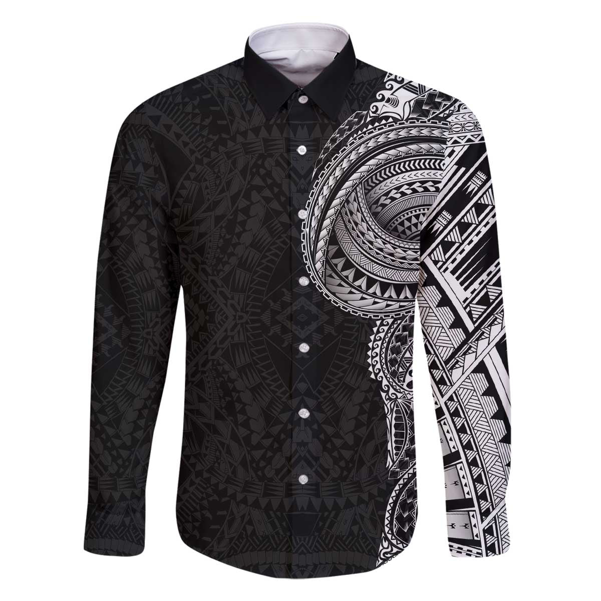 Traditional Polynesian Art Tattoos Family Matching Off The Shoulder Long Sleeve Dress and Hawaiian Shirt Black Color LT03 Dad's Shirt - Long Sleeve Black - Polynesian Pride