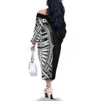 Traditional Polynesian Art Tattoos Family Matching Off The Shoulder Long Sleeve Dress and Hawaiian Shirt Black Color LT03 - Polynesian Pride