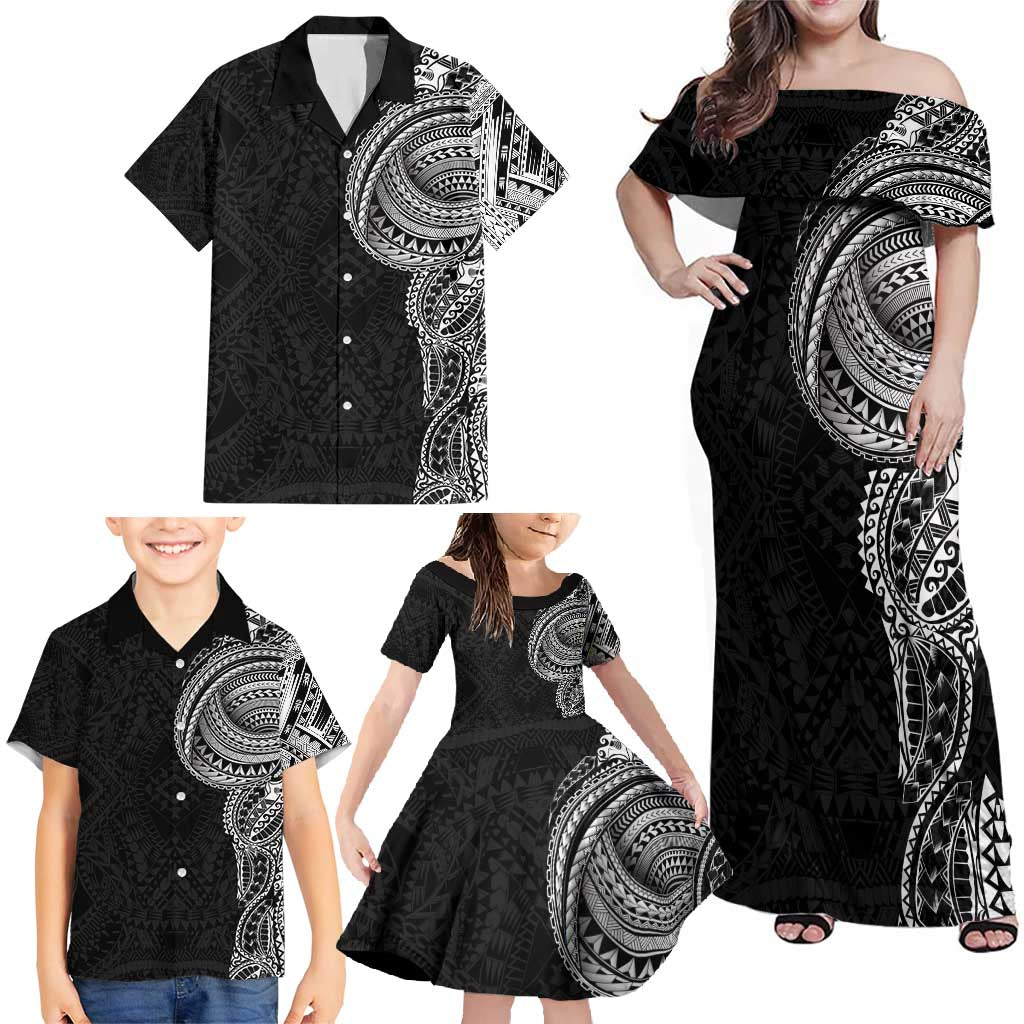 Traditional Polynesian Art Tattoos Family Matching Off Shoulder Maxi Dress and Hawaiian Shirt Black Color LT03 - Polynesian Pride