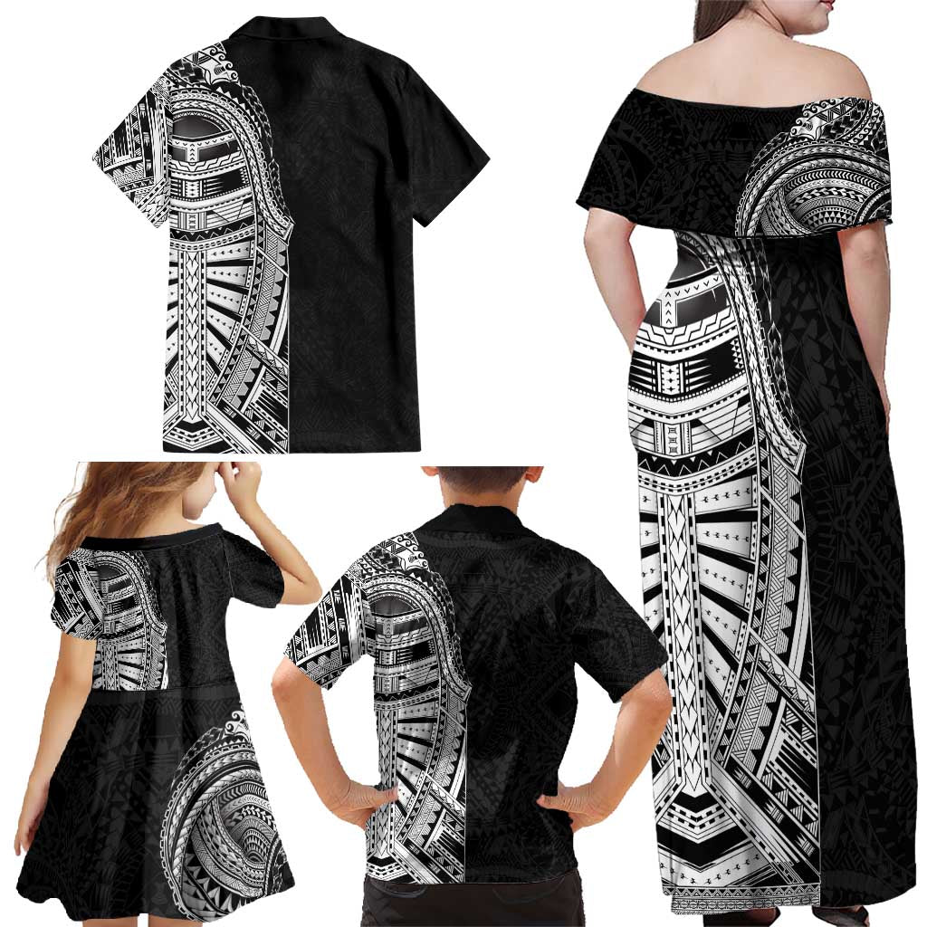 Traditional Polynesian Art Tattoos Family Matching Off Shoulder Maxi Dress and Hawaiian Shirt Black Color LT03 - Polynesian Pride