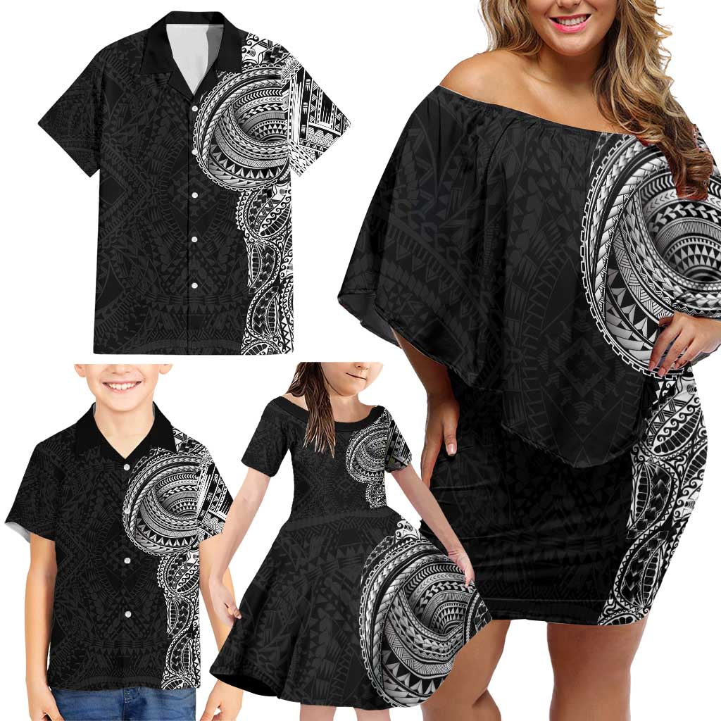 Traditional Polynesian Art Tattoos Family Matching Off Shoulder Short Dress and Hawaiian Shirt Black Color LT03 - Polynesian Pride