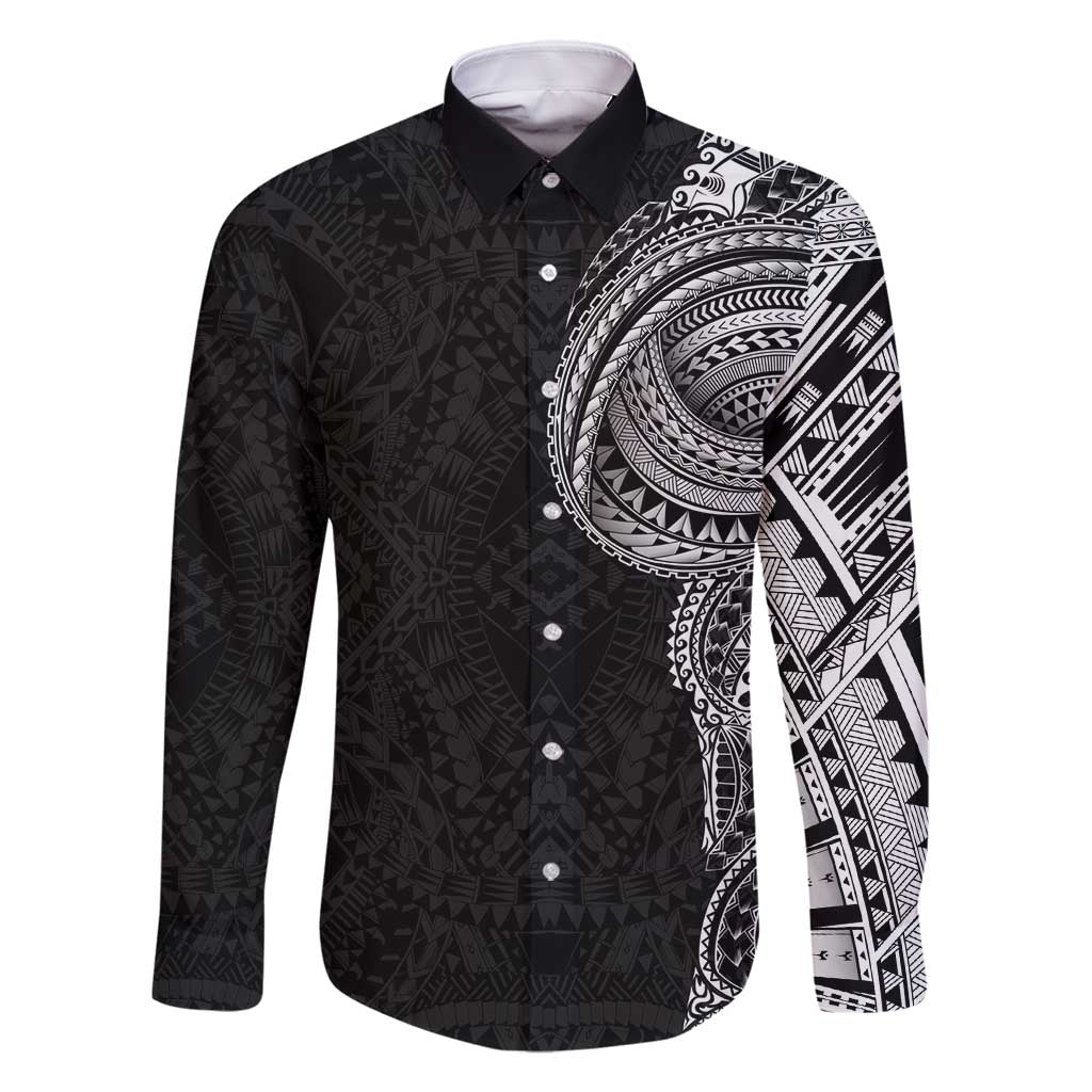 Traditional Polynesian Art Tattoos Family Matching Off Shoulder Short Dress and Hawaiian Shirt Black Color LT03 Dad's Shirt - Long Sleeve Black - Polynesian Pride