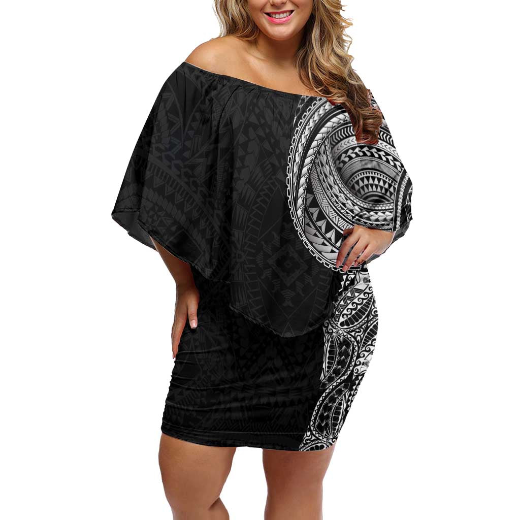 Traditional Polynesian Art Tattoos Family Matching Off Shoulder Short Dress and Hawaiian Shirt Black Color LT03 Mom's Dress Black - Polynesian Pride