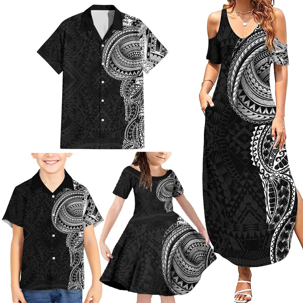Traditional Polynesian Art Tattoos Family Matching Summer Maxi Dress and Hawaiian Shirt Black Color LT03 - Polynesian Pride
