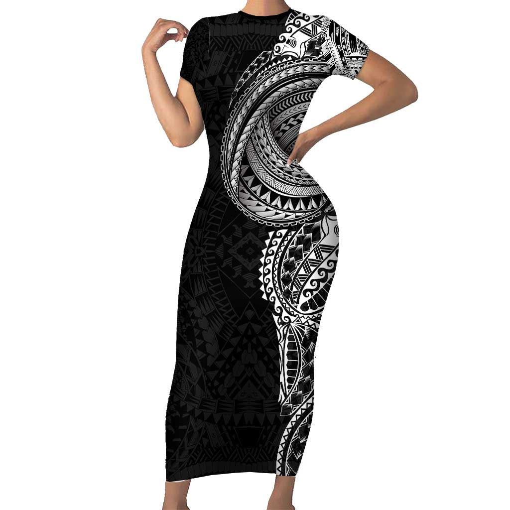 Traditional Polynesian Art Tattoos Short Sleeve Bodycon Dress Black Color LT03 Long Dress Black - Polynesian Pride