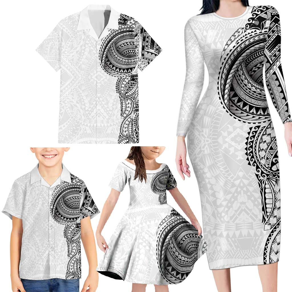 Traditional Polynesian Art Tattoos Family Matching Long Sleeve Bodycon Dress and Hawaiian Shirt White Color LT03 - Polynesian Pride