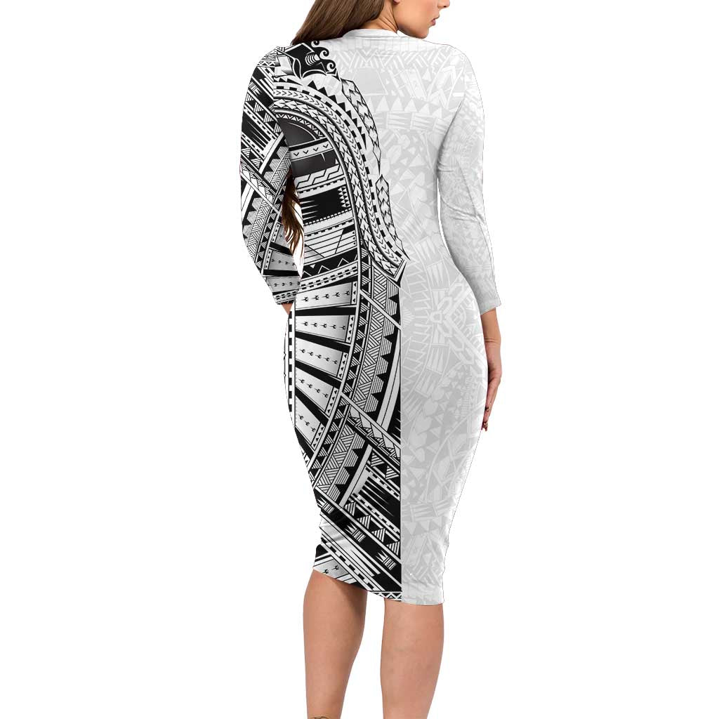 Traditional Polynesian Art Tattoos Family Matching Long Sleeve Bodycon Dress and Hawaiian Shirt White Color LT03 - Polynesian Pride