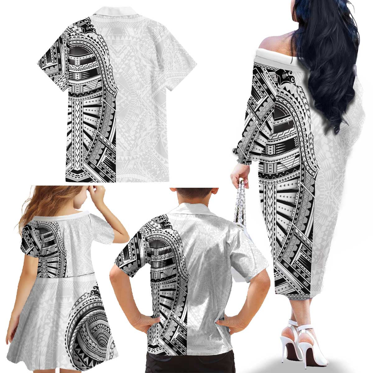 Traditional Polynesian Art Tattoos Family Matching Off The Shoulder Long Sleeve Dress and Hawaiian Shirt White Color LT03 - Polynesian Pride