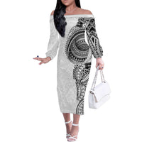 Traditional Polynesian Art Tattoos Family Matching Off The Shoulder Long Sleeve Dress and Hawaiian Shirt White Color LT03 Mom's Dress White - Polynesian Pride