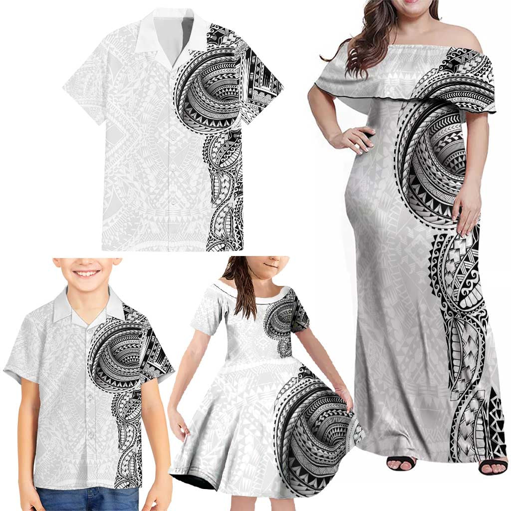 Traditional Polynesian Art Tattoos Family Matching Off Shoulder Maxi Dress and Hawaiian Shirt White Color LT03 - Polynesian Pride