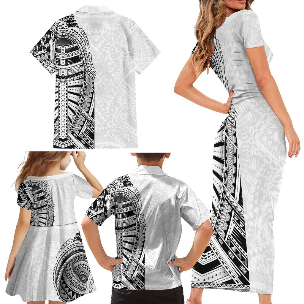 Traditional Polynesian Art Tattoos Family Matching Short Sleeve Bodycon Dress and Hawaiian Shirt White Color LT03 - Polynesian Pride