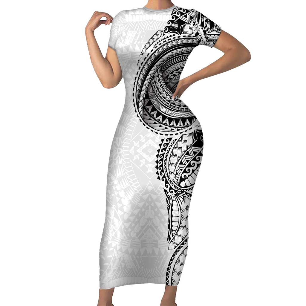 Traditional Polynesian Art Tattoos Family Matching Short Sleeve Bodycon Dress and Hawaiian Shirt White Color LT03 Mom's Dress White - Polynesian Pride