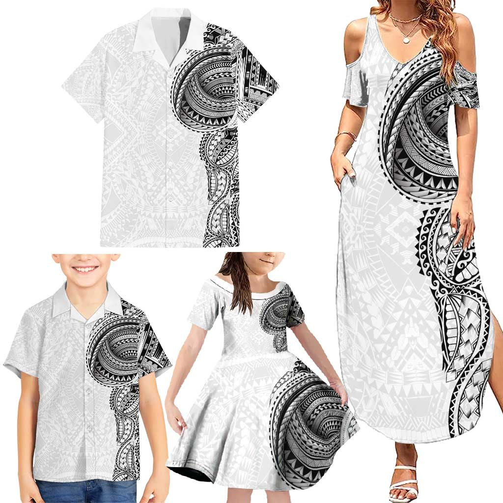 Traditional Polynesian Art Tattoos Family Matching Summer Maxi Dress and Hawaiian Shirt White Color LT03 - Polynesian Pride