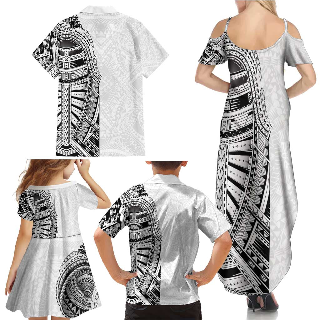 Traditional Polynesian Art Tattoos Family Matching Summer Maxi Dress and Hawaiian Shirt White Color LT03 - Polynesian Pride