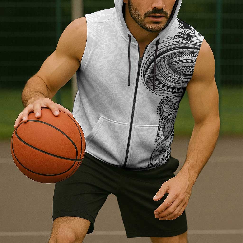 Traditional Polynesian Art Tattoos Sleeveless Zip Hoodie White Color - Polynesian Pride