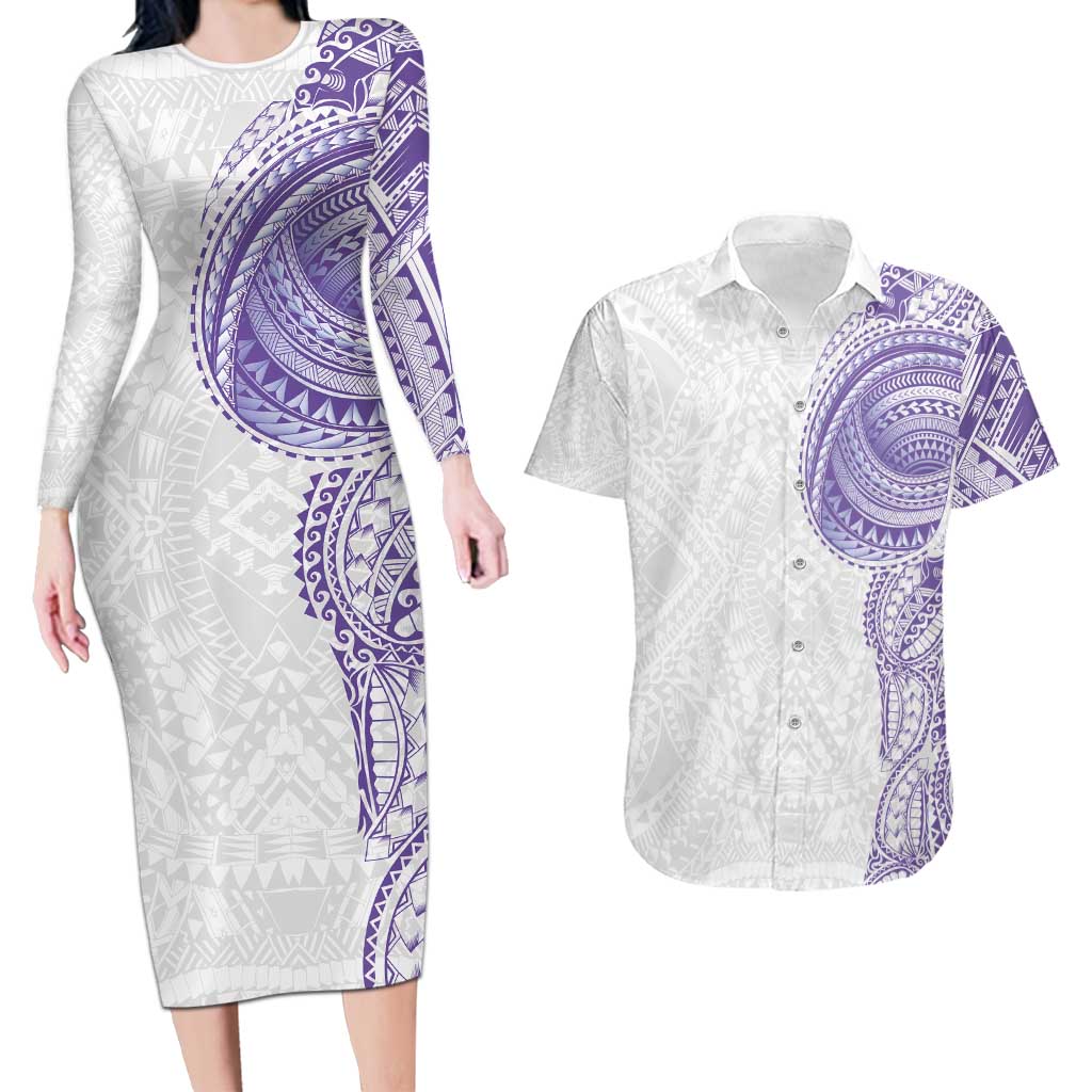 Traditional Polynesian Art Tattoos Couples Matching Long Sleeve Bodycon Dress and Hawaiian Shirt Purple Color LT03 Purple - Polynesian Pride