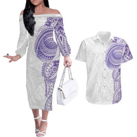 Traditional Polynesian Art Tattoos Couples Matching Off The Shoulder Long Sleeve Dress and Hawaiian Shirt Purple Color LT03 Purple - Polynesian Pride