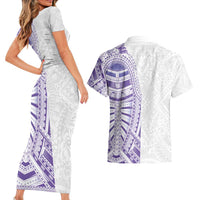 Traditional Polynesian Art Tattoos Couples Matching Short Sleeve Bodycon Dress and Hawaiian Shirt Purple Color LT03 - Polynesian Pride