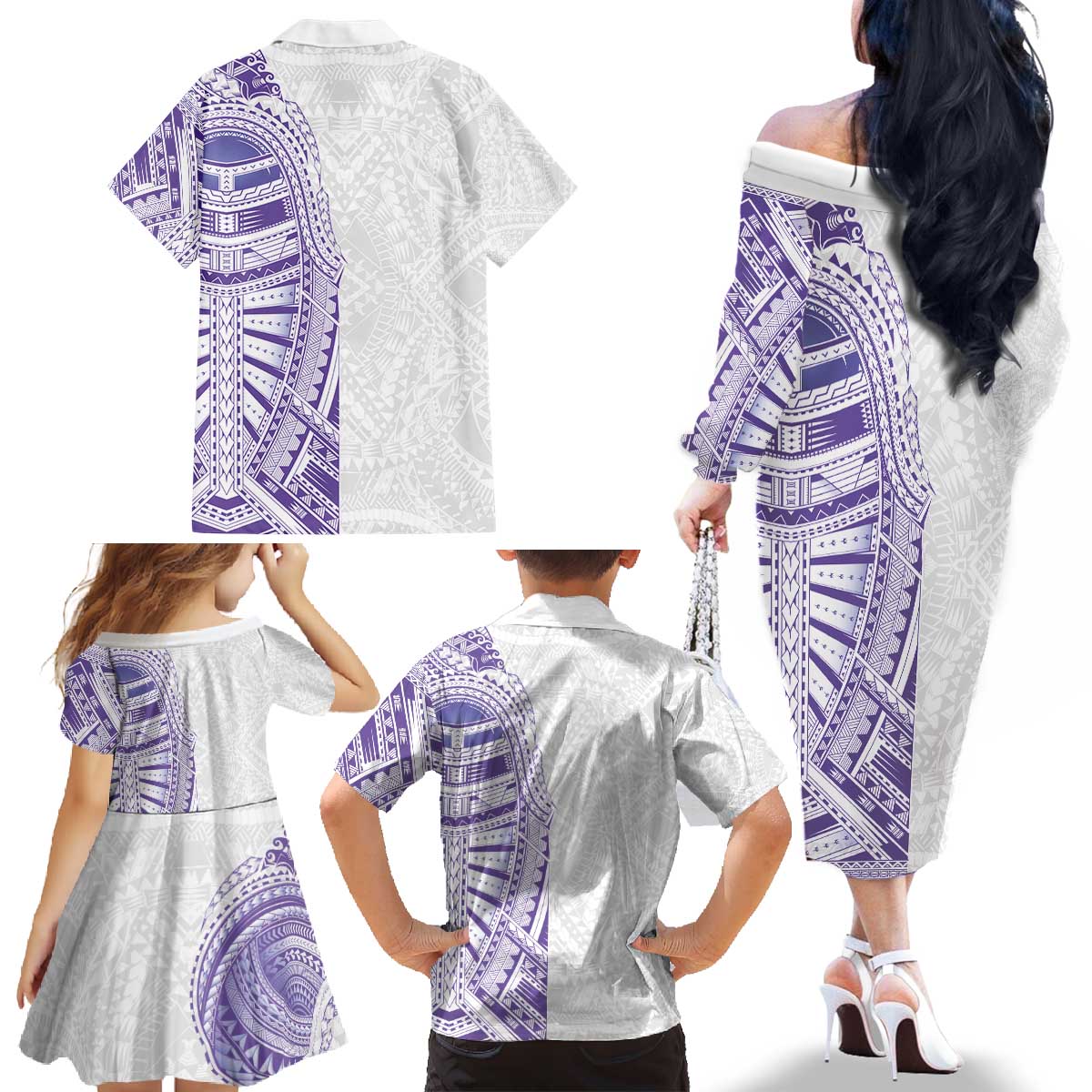 Traditional Polynesian Art Tattoos Family Matching Off The Shoulder Long Sleeve Dress and Hawaiian Shirt Purple Color LT03 - Polynesian Pride