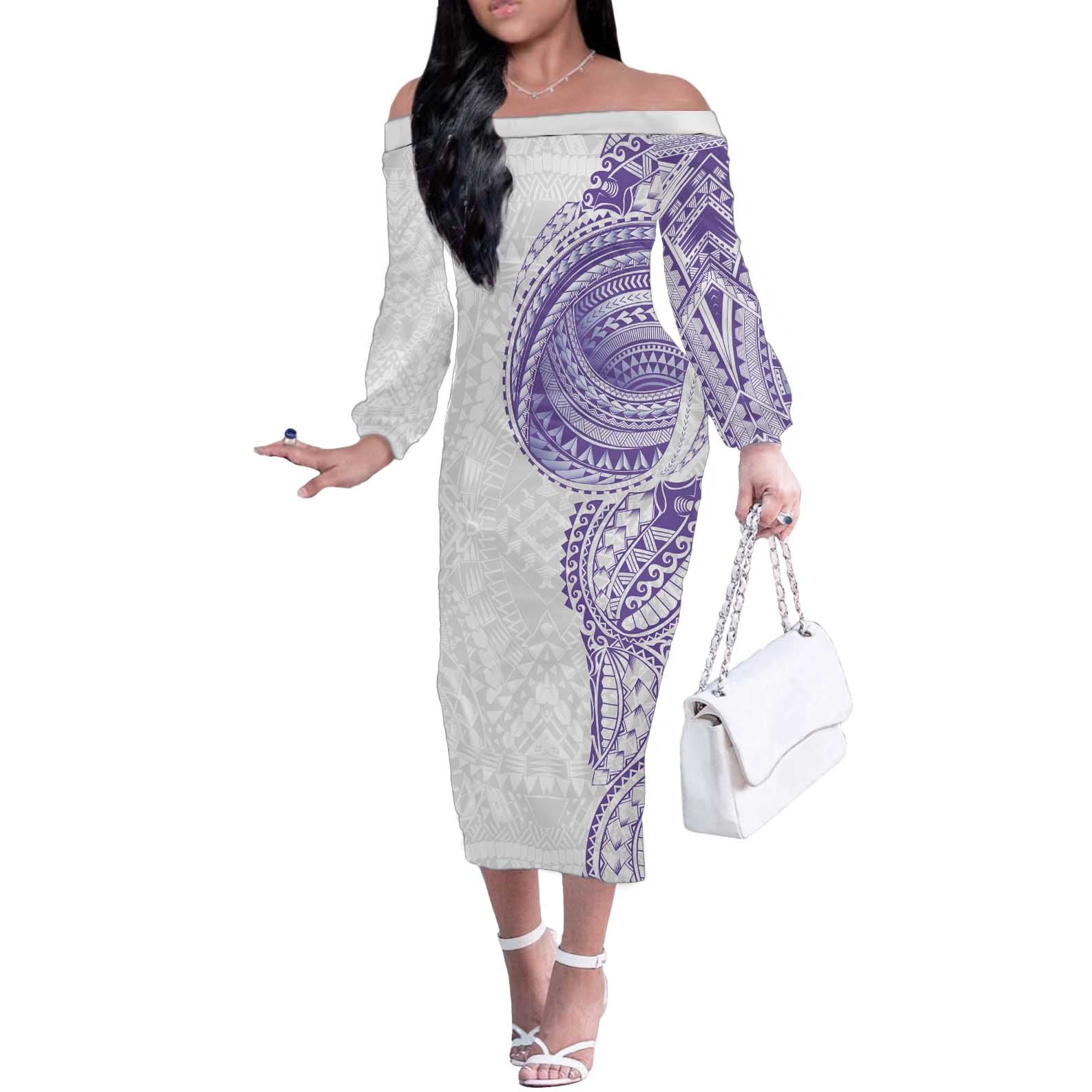 Traditional Polynesian Art Tattoos Off The Shoulder Long Sleeve Dress Purple Color LT03 Women Purple - Polynesian Pride