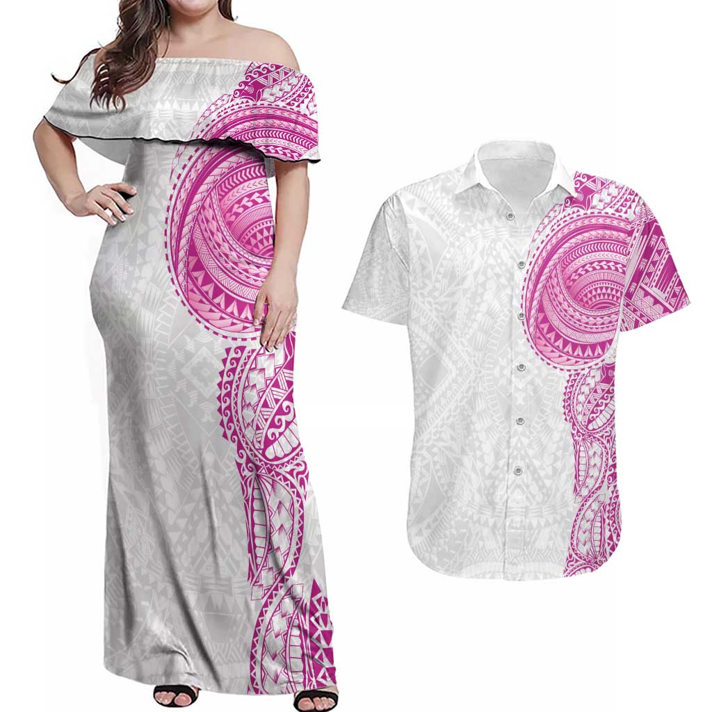 Traditional Polynesian Art Tattoos Couples Matching Off Shoulder Maxi Dress and Hawaiian Shirt Pink Color - Polynesian Pride