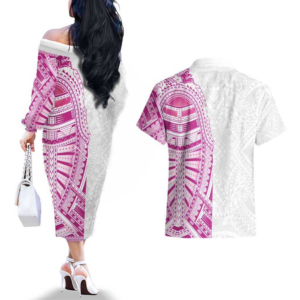 Traditional Polynesian Art Tattoos Couples Matching Off The Shoulder Long Sleeve Dress and Hawaiian Shirt Pink Color LT03 - Polynesian Pride