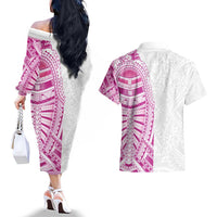 Traditional Polynesian Art Tattoos Couples Matching Off The Shoulder Long Sleeve Dress and Hawaiian Shirt Pink Color LT03 - Polynesian Pride
