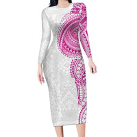 Traditional Polynesian Art Tattoos Family Matching Long Sleeve Bodycon Dress and Hawaiian Shirt Pink Color LT03 Mom's Dress Pink - Polynesian Pride