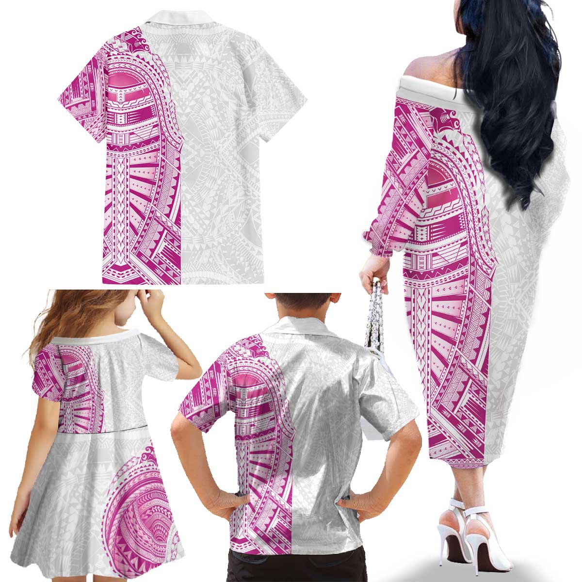 Traditional Polynesian Art Tattoos Family Matching Off The Shoulder Long Sleeve Dress and Hawaiian Shirt Pink Color LT03 - Polynesian Pride