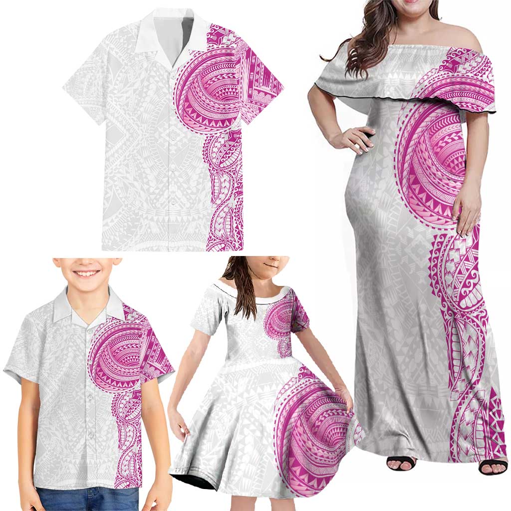 Traditional Polynesian Art Tattoos Family Matching Off Shoulder Maxi Dress and Hawaiian Shirt Pink Color - Polynesian Pride