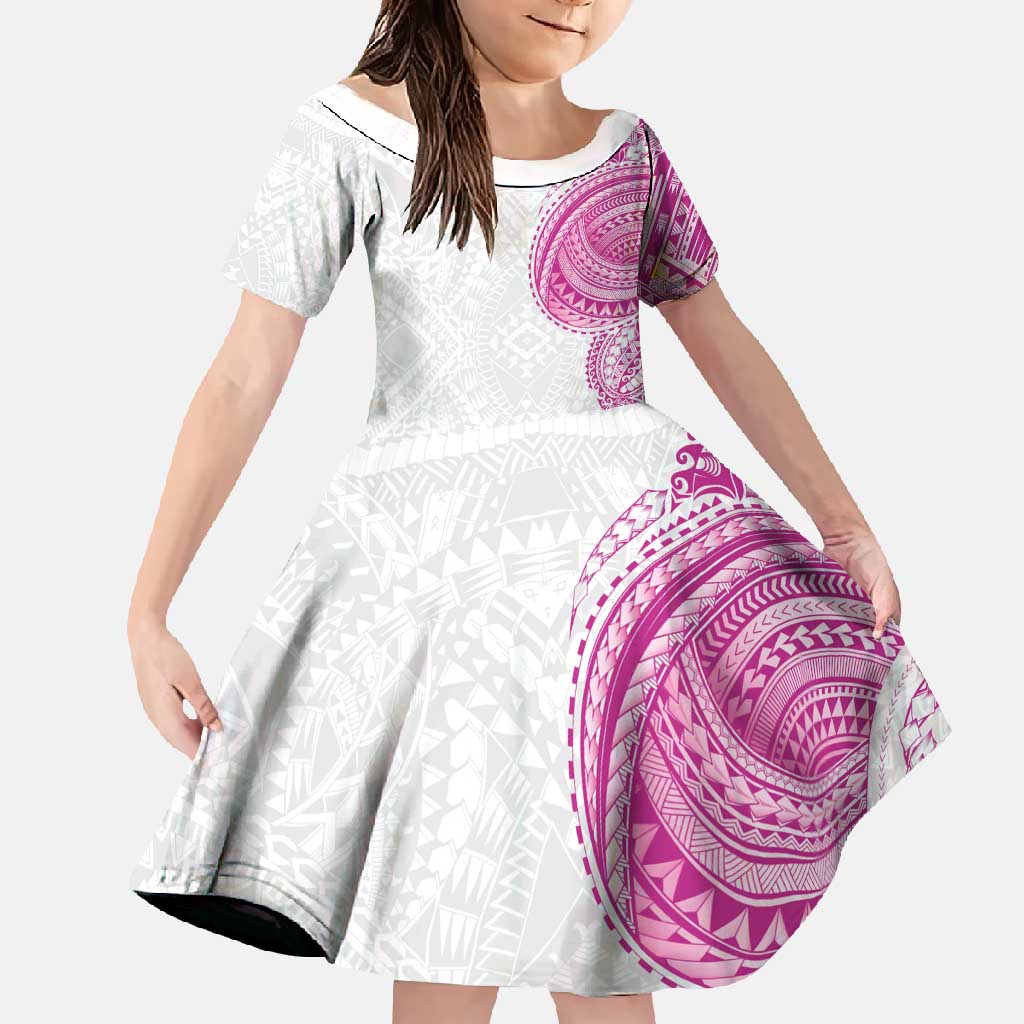 Traditional Polynesian Art Tattoos Family Matching Short Sleeve Bodycon Dress and Hawaiian Shirt Pink Color LT03 Daughter's Dress Pink - Polynesian Pride