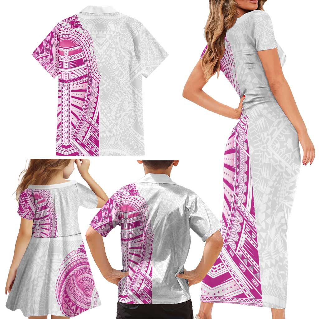 Traditional Polynesian Art Tattoos Family Matching Short Sleeve Bodycon Dress and Hawaiian Shirt Pink Color LT03 - Polynesian Pride
