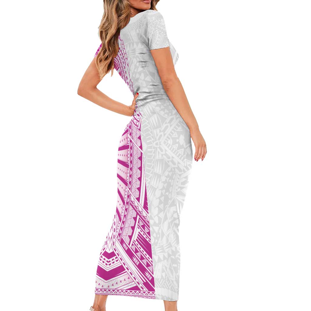 Traditional Polynesian Art Tattoos Family Matching Short Sleeve Bodycon Dress and Hawaiian Shirt Pink Color LT03 - Polynesian Pride