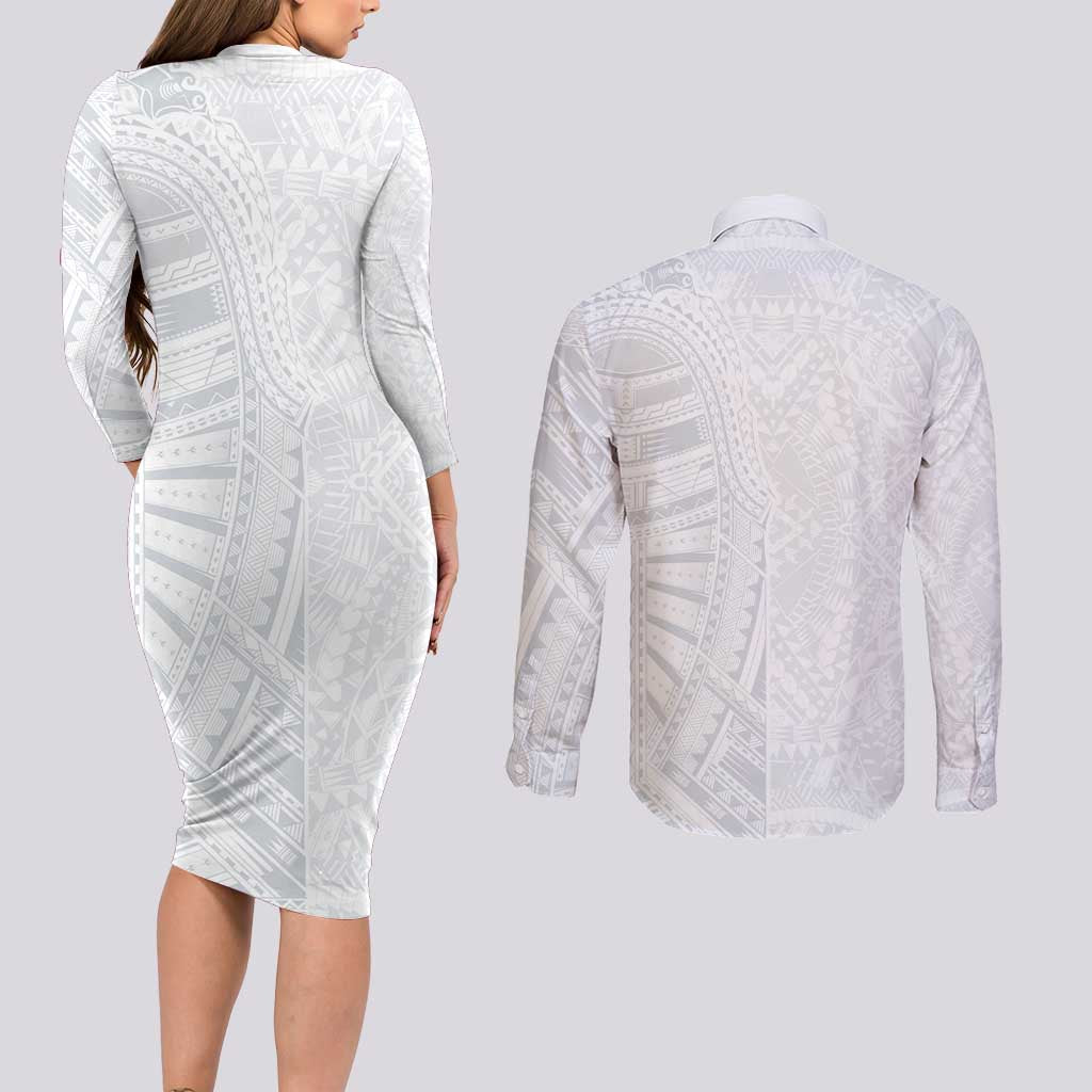 Lotu Tamaiti Couples Matching Long Sleeve Bodycon Dress and Long Sleeve Button Shirt Traditional Samoan Art Tattoos LT03 - Polynesian Pride