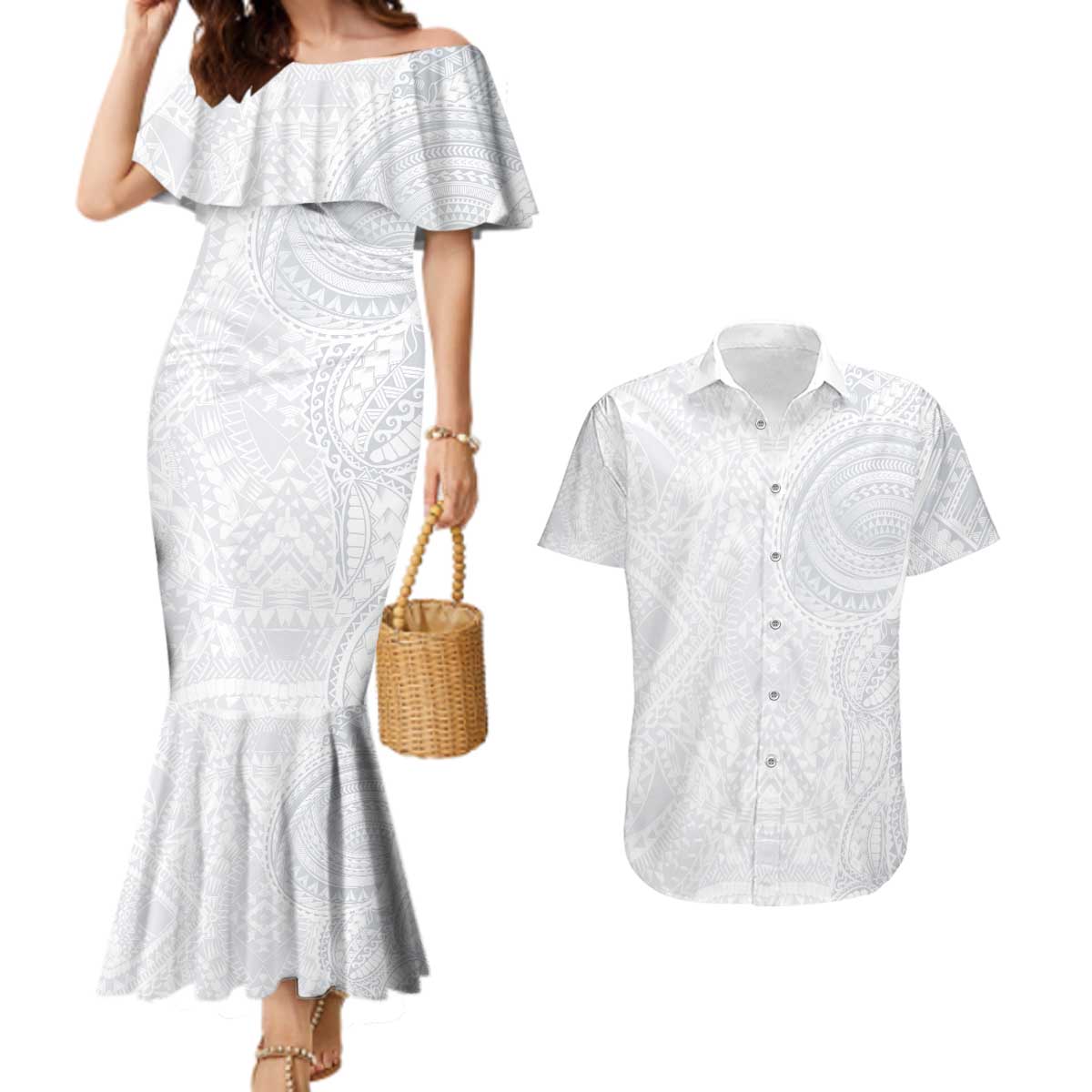 Lotu Tamaiti Couples Matching Mermaid Dress and Hawaiian Shirt Traditional Samoan Art Tattoos LT03 White - Polynesian Pride