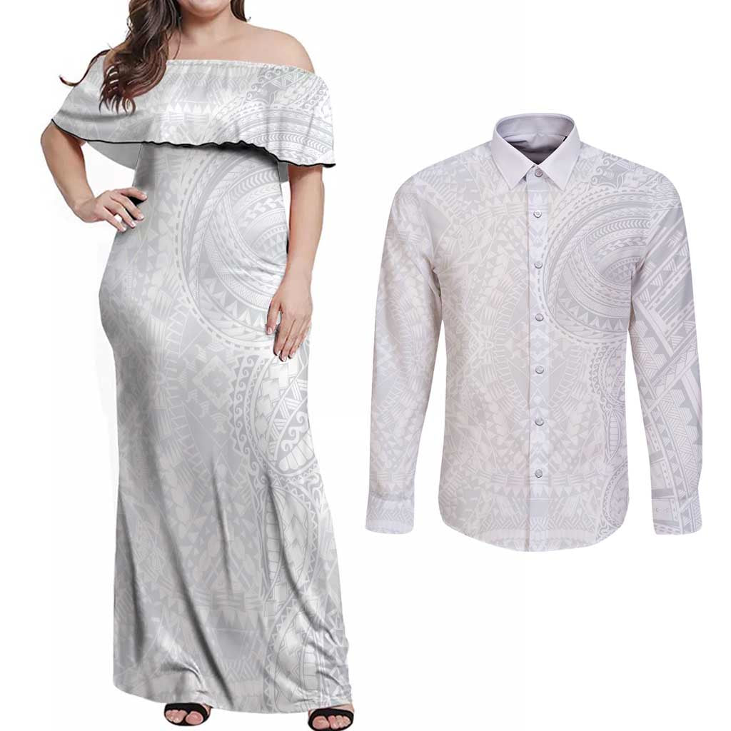 Lotu Tamaiti Couples Matching Off Shoulder Maxi Dress and Long Sleeve Button Shirt Traditional Samoan Art Tattoos - Polynesian Pride