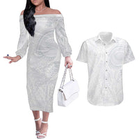 Lotu Tamaiti Couples Matching Off The Shoulder Long Sleeve Dress and Hawaiian Shirt Traditional Samoan Art Tattoos LT03 White - Polynesian Pride