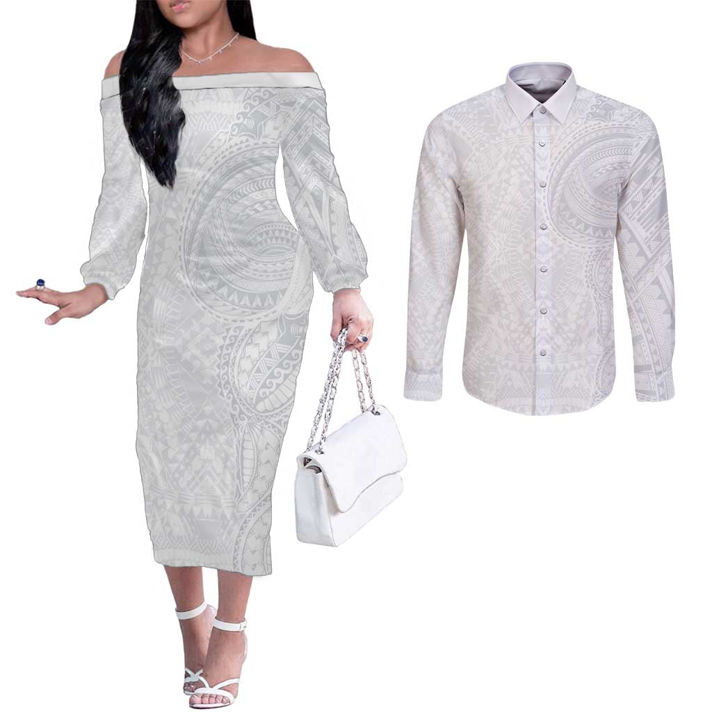 Lotu Tamaiti Couples Matching Off The Shoulder Long Sleeve Dress and Long Sleeve Button Shirt Traditional Samoan Art Tattoos LT03 White - Polynesian Pride