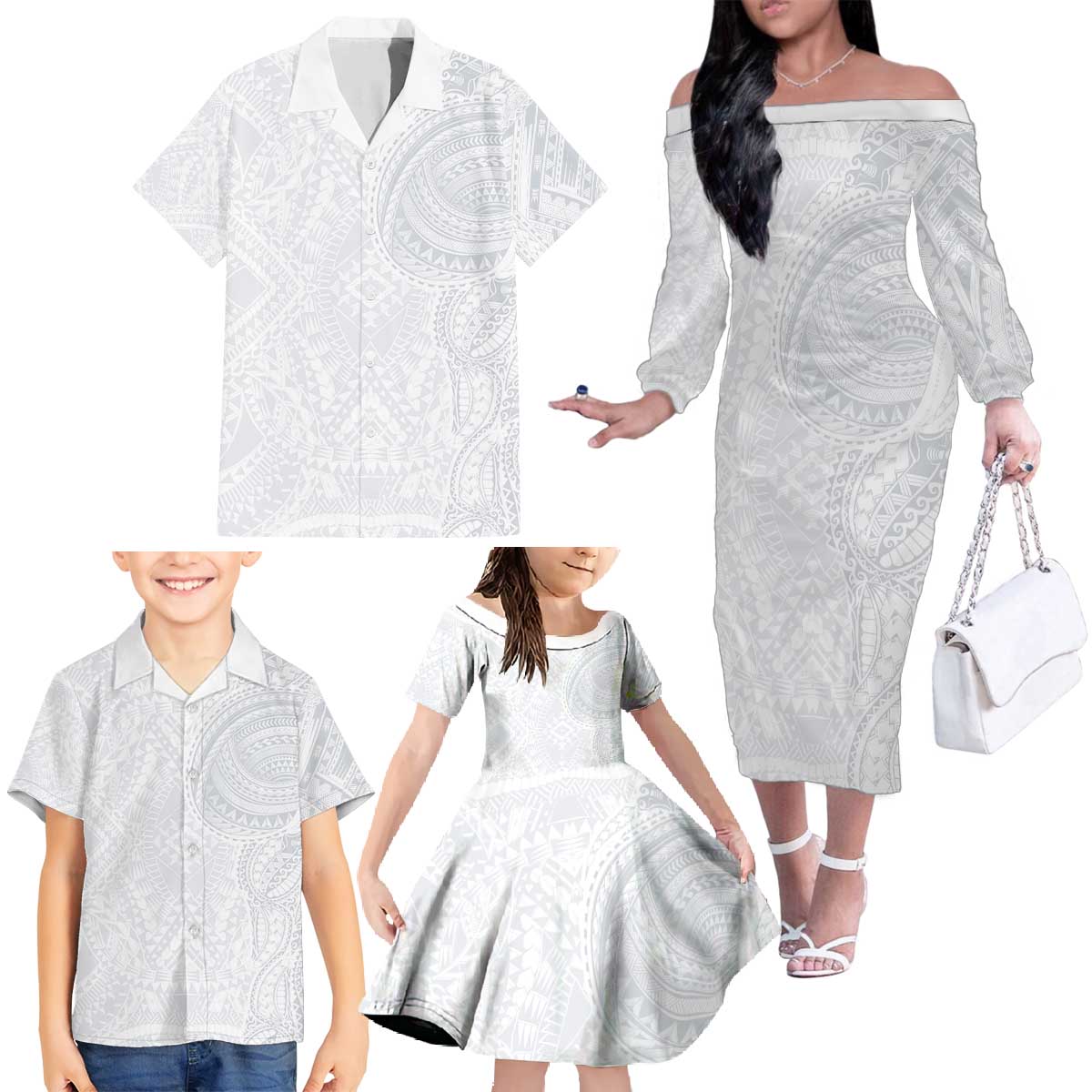 Lotu Tamaiti Family Matching Off The Shoulder Long Sleeve Dress and Hawaiian Shirt Traditional Samoan Art Tattoos LT03 - Polynesian Pride