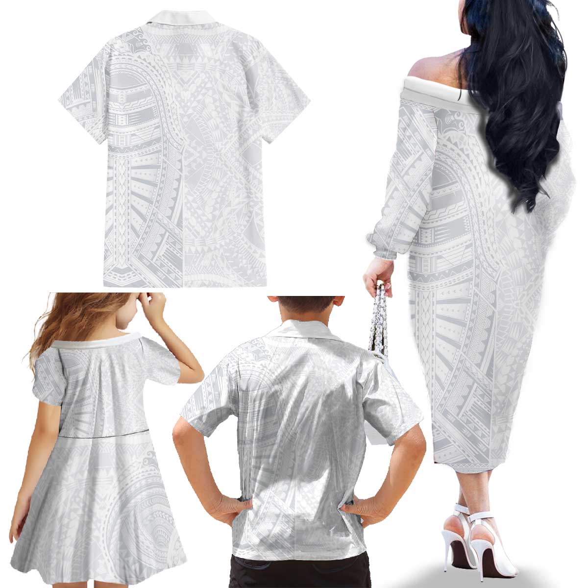 Lotu Tamaiti Family Matching Off The Shoulder Long Sleeve Dress and Hawaiian Shirt Traditional Samoan Art Tattoos LT03 - Polynesian Pride