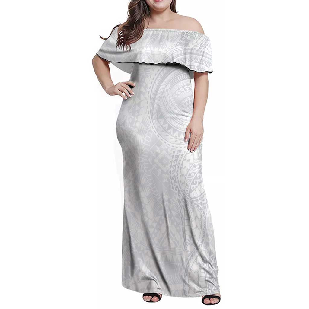 Lotu Tamaiti Family Matching Off Shoulder Maxi Dress and Hawaiian Shirt Traditional Samoan Art Tattoos LT03 Mom's Dress White - Polynesian Pride