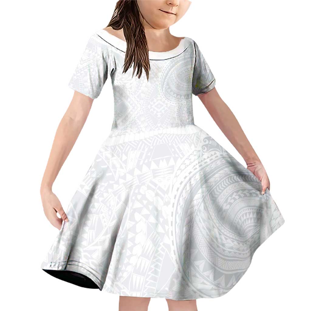 Lotu Tamaiti Family Matching Off Shoulder Short Dress and Hawaiian Shirt Traditional Samoan Art Tattoos LT03 Daughter's Dress White - Polynesian Pride