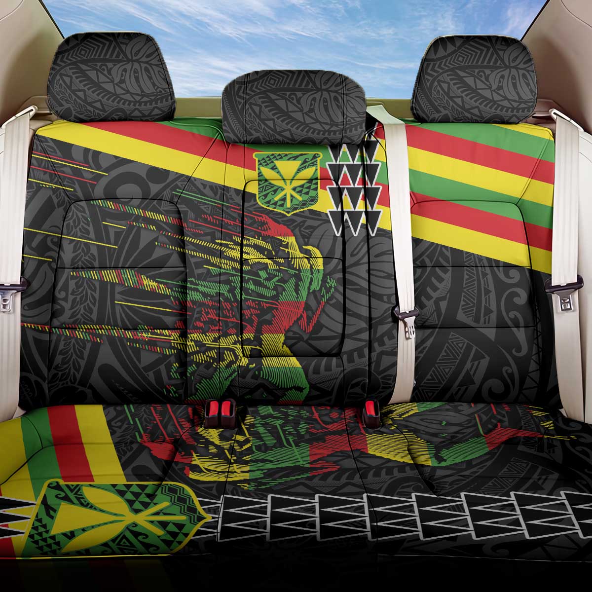 Kanaka Maoli Running Back Car Seat Cover Kakau Pattern with Kanaka Maoli Flag Color LT03 One Size Black - Polynesian Pride